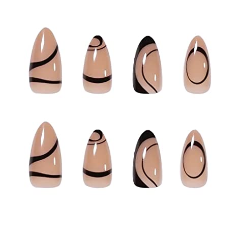 Press on Nails Almond, Canvalite Black Press On Nails Short Glue on Nails