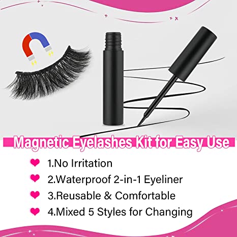 Canvalite Magnetic Eyelashes, Magnetic Eyeliner and Eyelashes Kit 10 Pairs (5 STYLES)