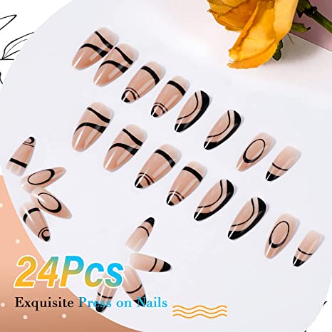 Press on Nails Almond, Canvalite Black Press On Nails Short Glue on Nails