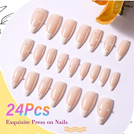 Buy Secret Lives Acrylic Press on Nails Designer Artificial Almond Nail  Extension Semi Transparent Grey Bottom White and Grey Tips Golden Glitter  Design 24 pcs Set with Kit Online at Best Prices