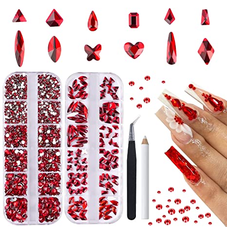 French White Long Press on Nails NEW Red Rhinestones Valentine stocking  stuffer