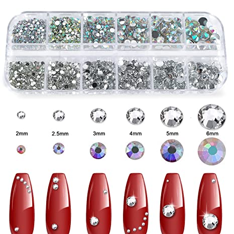 Over 3000 Pieces Flat Back Gems Nail Art Kit Assorted Shapes Rhinestones 6  Sizes (2mm-6mm)
